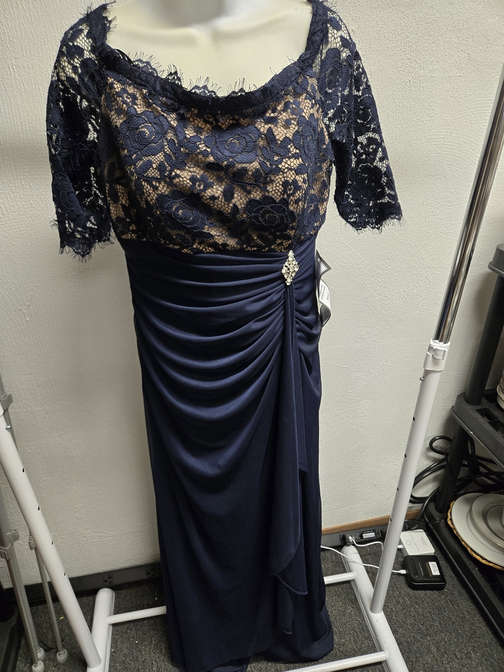 Betsy & Adam Navy and Nude Lace-Overlay Prom Gown Size 14